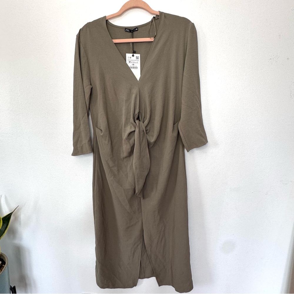 NWT Zara Minimalist Front Knot Loose Fitted Midi Dress Olive Green Sz M